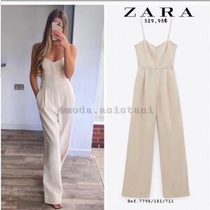 Zara Linen Blend Wide Leg Jumpsuit Neutral Ecru Spaghetti Strap 1 Piece Romper S